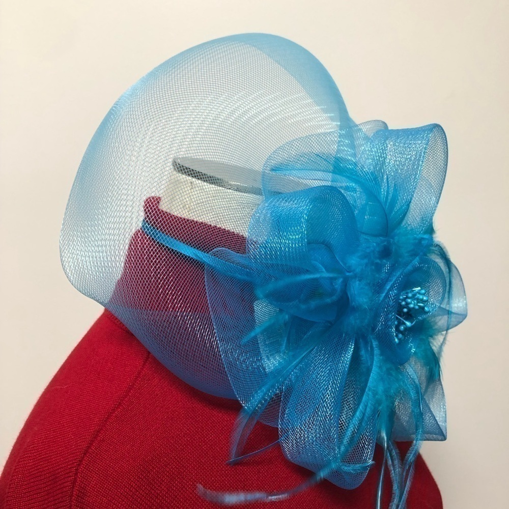 𝅺TASHA Fascinator Metal Headband Robin Egg blue floating‎ feathers flower bow